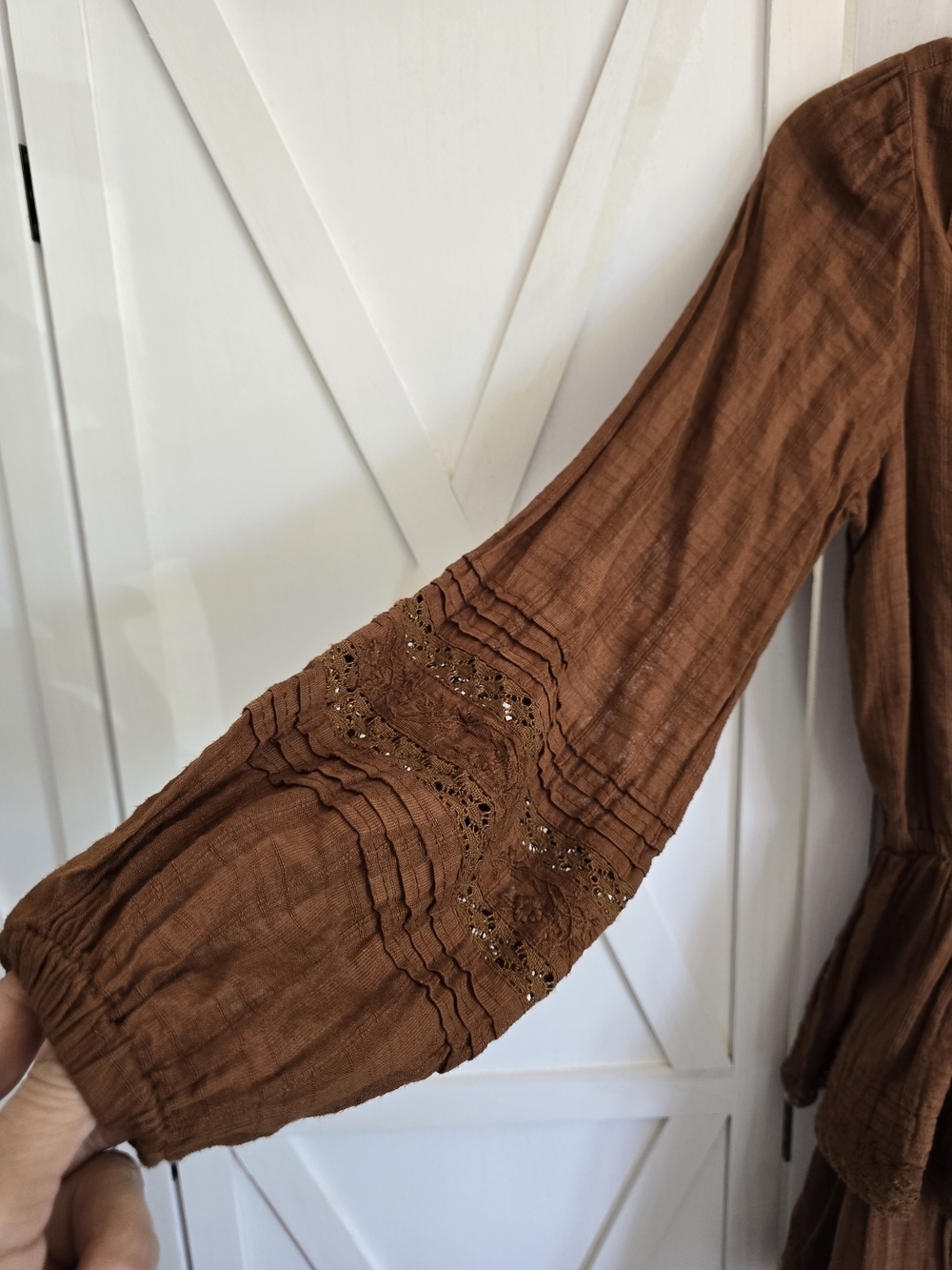 American Eagle BROWN Women's Long-Sleeve Embroidered Wrap Front Mini Dress - Picture 5 of 6